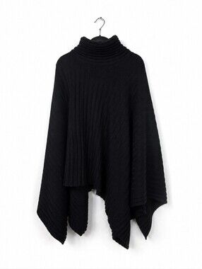 Siepelunga Fashion Made Italy Wool Blend Black Ribbed Cowl Neck Poncho Cape OS